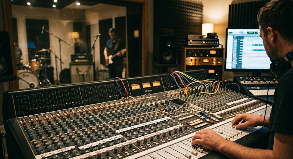 A sound engineer with headphones around his neck works the faders of a large mixing console, a guitarist visible through the studio glass under warm lamps.