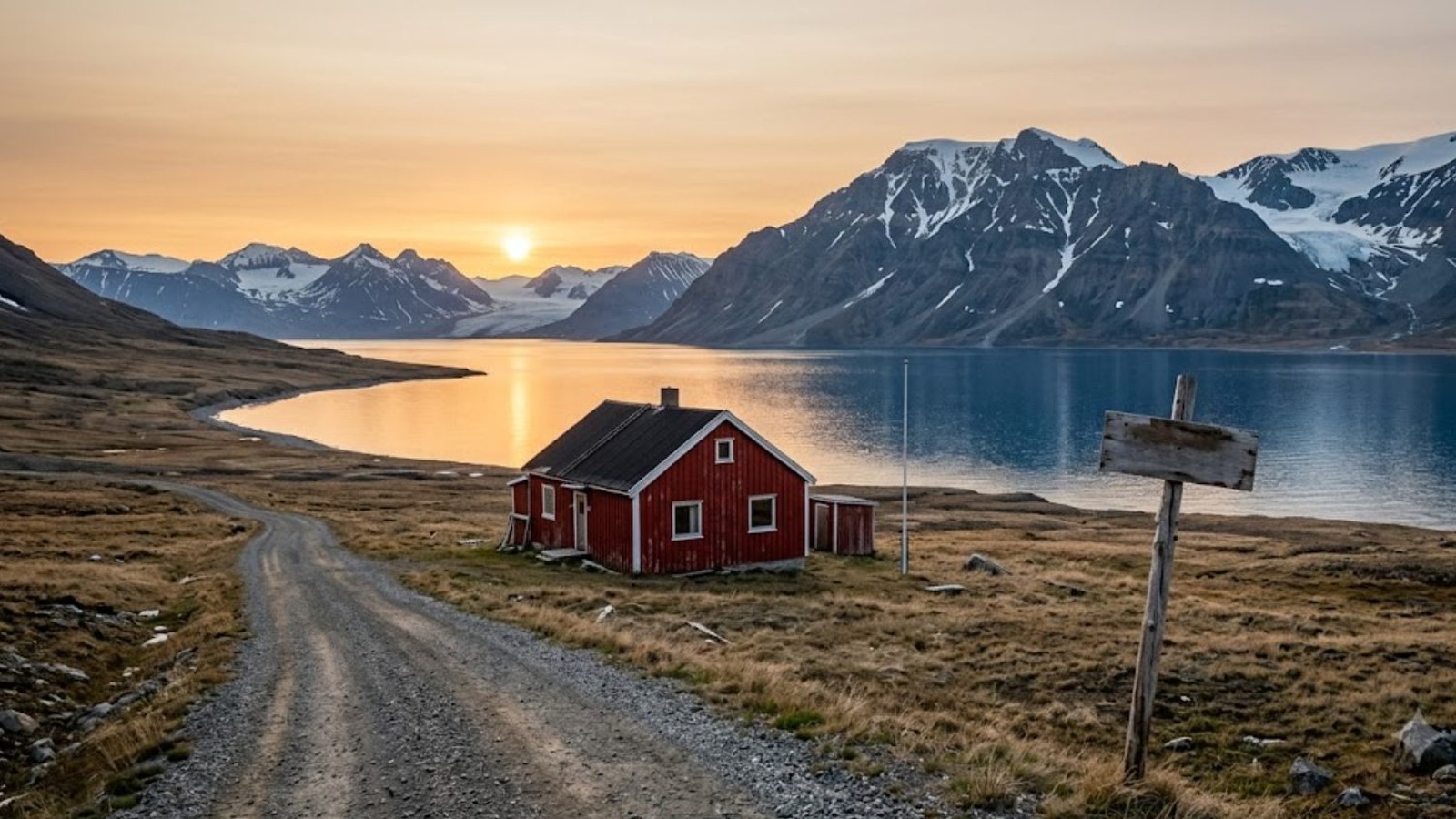 A lone red wooden house stands on open grassy flats beside a gravel road, with still water and jagged snow-covered mountains behind it at sunset.