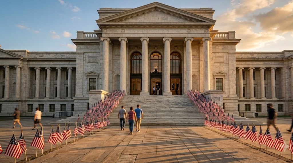 A columned neoclassical civic building at golden hour, its wide stone steps lined on both sides with small American flags as a few people walk toward the doors.