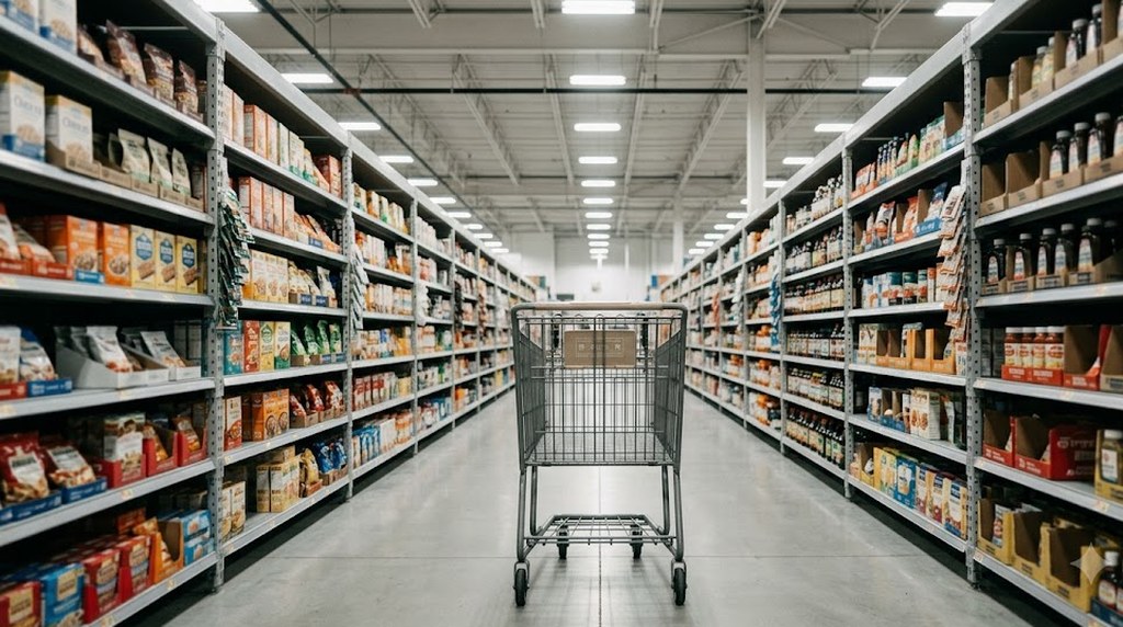 An empty shopping cart stands in the middle of a long supermarket aisle, shelves of boxed and bagged snacks and bottled sauces receding under bright fluorescent lights.