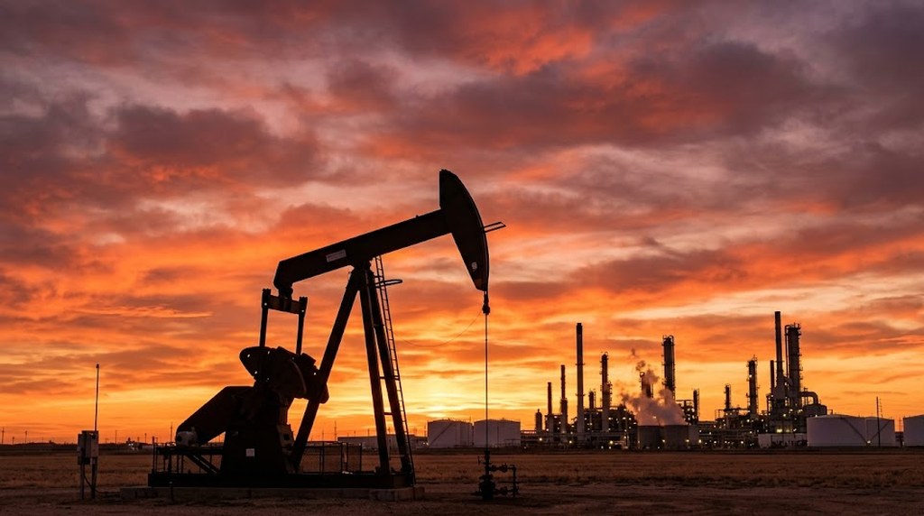 An oil pump jack stands silhouetted against a fiery orange sunset, a refinery's stacks, storage tanks and a plume of steam on the flat horizon behind it.