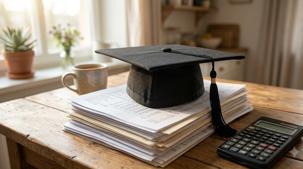 A black graduation cap rests on a thick stack of printed statements beside a calculator and a mug of coffee on a wooden kitchen table in soft morning light.