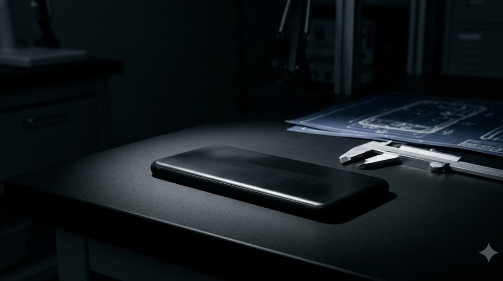 A black smartphone lies switched off on a dark workbench under a single hard light, a steel caliper and a blueprint sheet at the edge of the shadows.