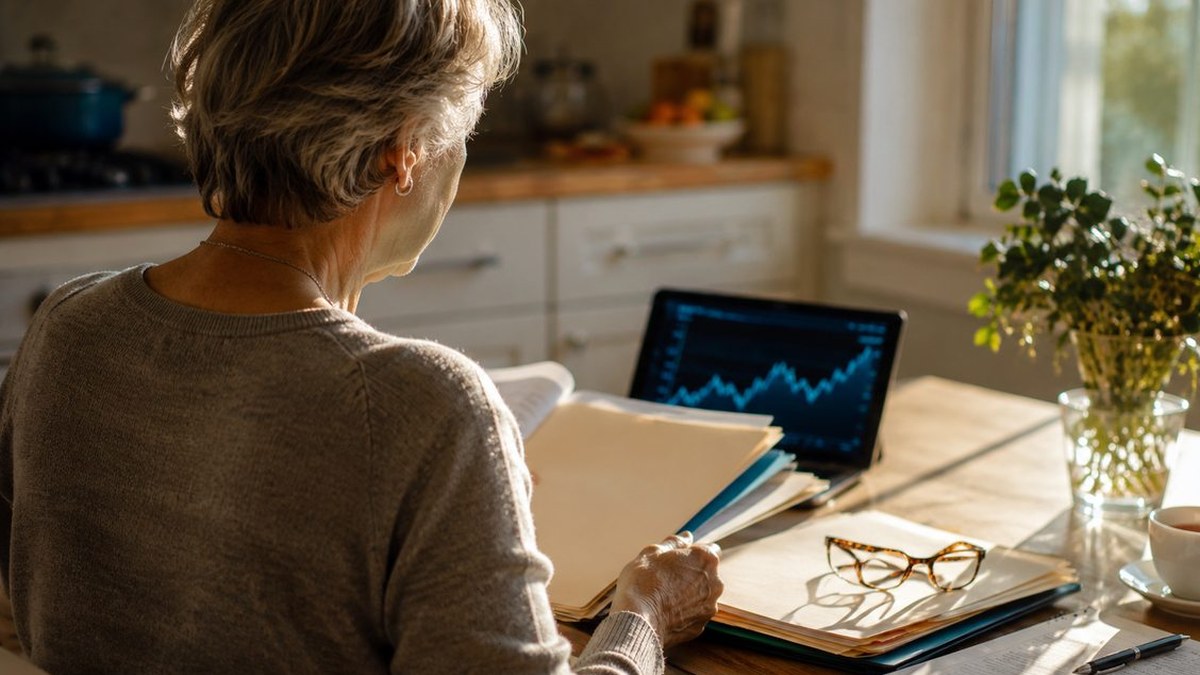 An older woman, seen from behind at her kitchen table, sorts folders beside reading glasses, a cup of tea and a laptop showing a chart, in warm window light.