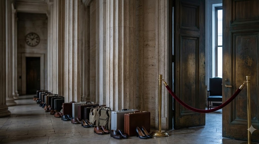 A row of leather briefcases and polished dress shoes lines a marble colonnade outside a heavy wooden door, a red velvet rope across the entrance and a wall clock beyond.
