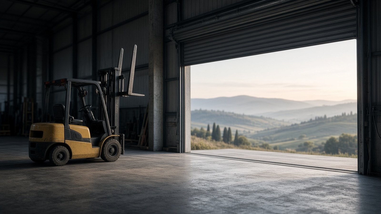 A yellow forklift with raised, empty forks stands in a bare concrete warehouse, its roller door open to misty hills and cypress trees in pale morning light.