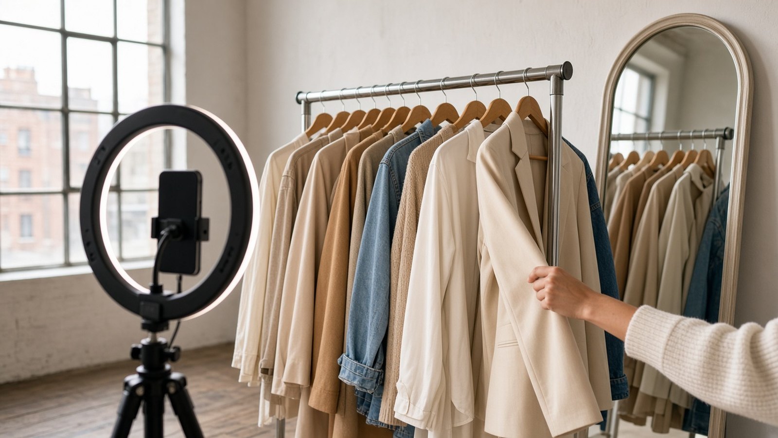 A phone and ring light on a tripod face a rack of cream, tan and denim clothes in a bright loft, where a hand reaches for a jacket.