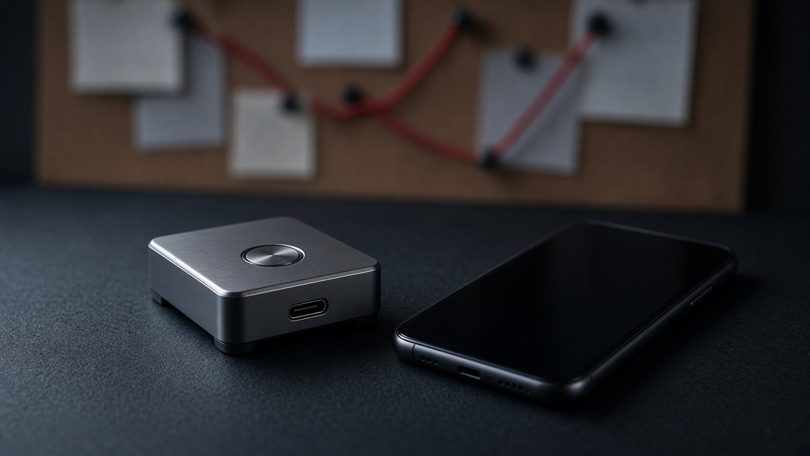 A square metal device with a round button and a smartphone lie on a black desk in cool light, a blurred corkboard of pinned notes and red thread behind.