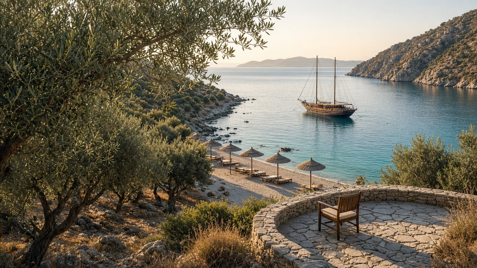 A turquoise cove seen from an olive-tree hillside in golden light, a two-masted boat at anchor, thatched umbrellas on the beach and an empty chair on a stone terrace.