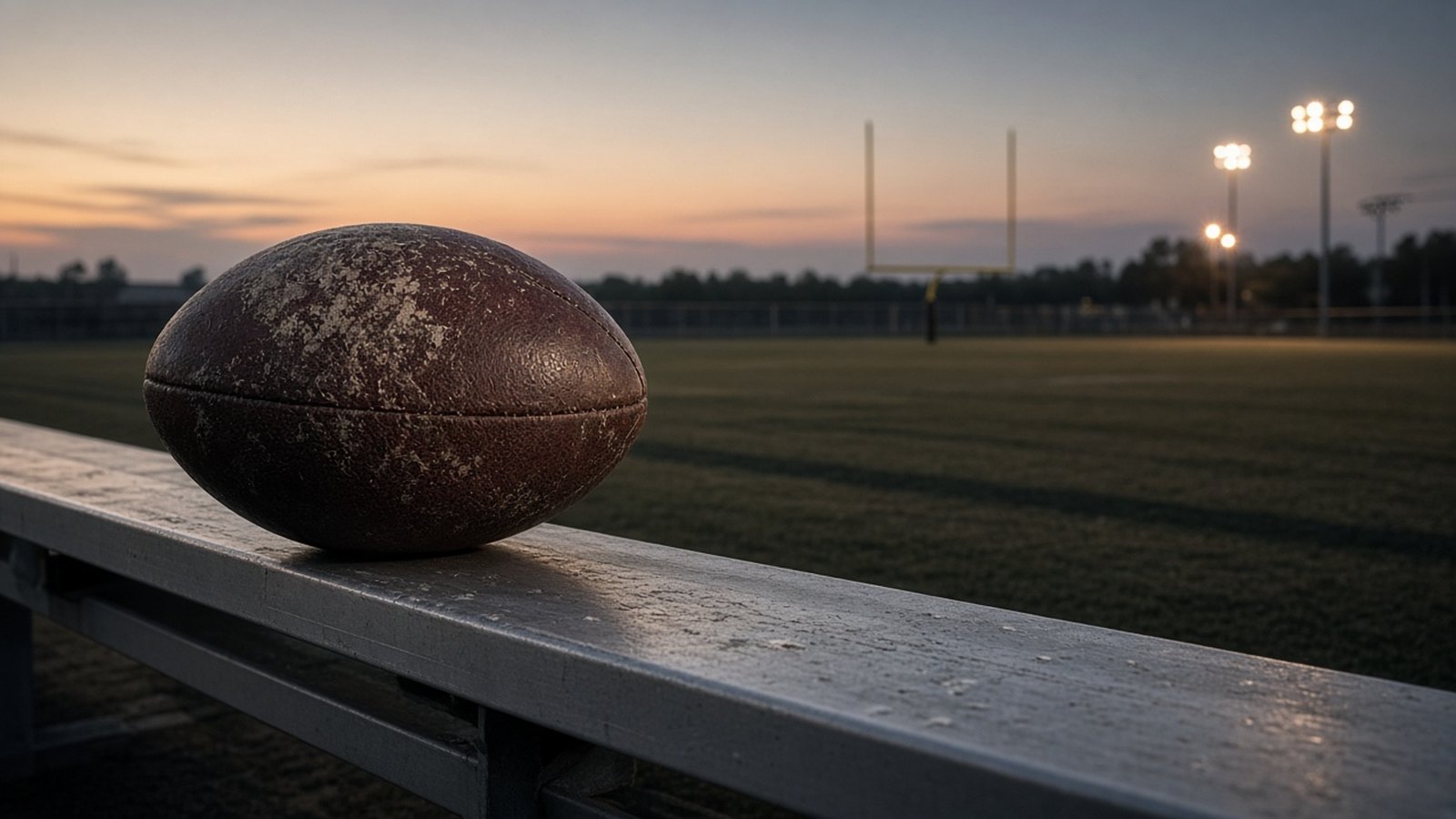 A scuffed leather football sits on a metal bench beside an empty grass field at dusk, with goalposts and lit floodlights in the distance.