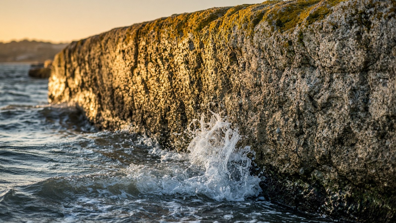 A small wave splashes against a rough, pitted sea wall with moss along its top, lit by low golden sunlight with open water behind.