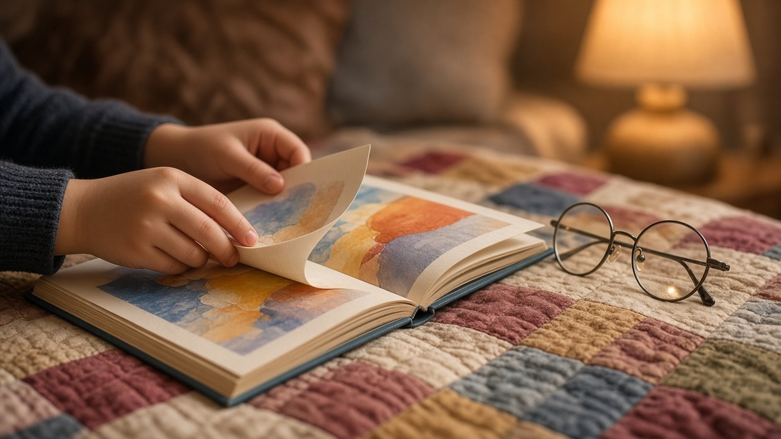 A child's hands turn a page of a hardcover book with watercolor pictures, open on a patchwork quilt beside round wire glasses, in warm lamp light.