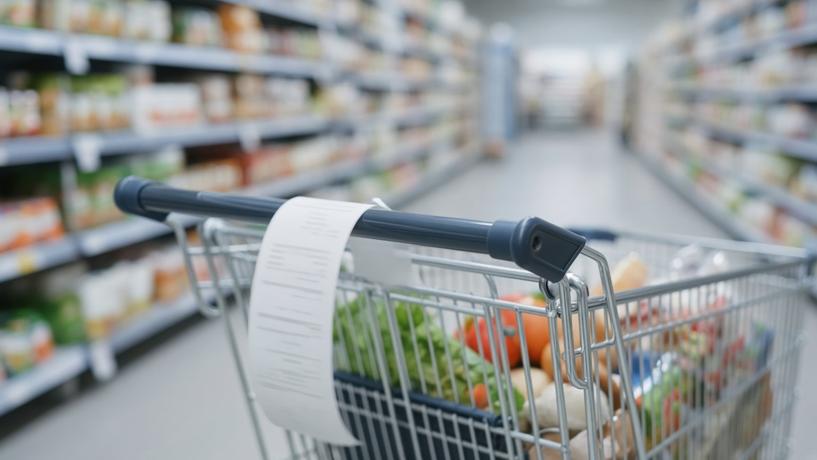 A long paper receipt hangs over the handle of a shopping cart full of groceries in a supermarket aisle, with blurred shelves on both sides under bright light.