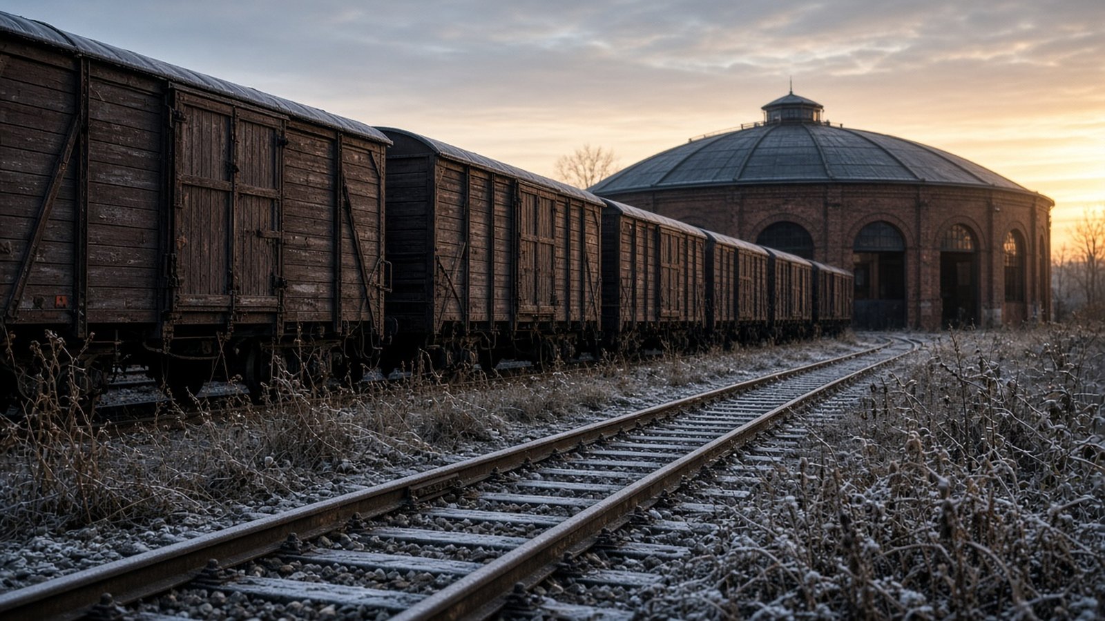 A line of old wooden freight cars stands on a frosty, weed-grown siding beside empty tracks at sunrise, with a round domed brick building behind.