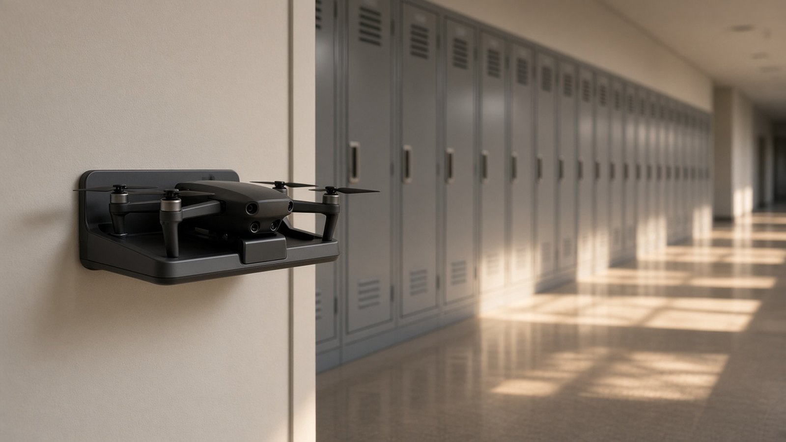 A small black quadcopter drone sits on a wall-mounted dock in an empty school hallway lined with gray lockers, sunlight falling in patches on the polished floor.