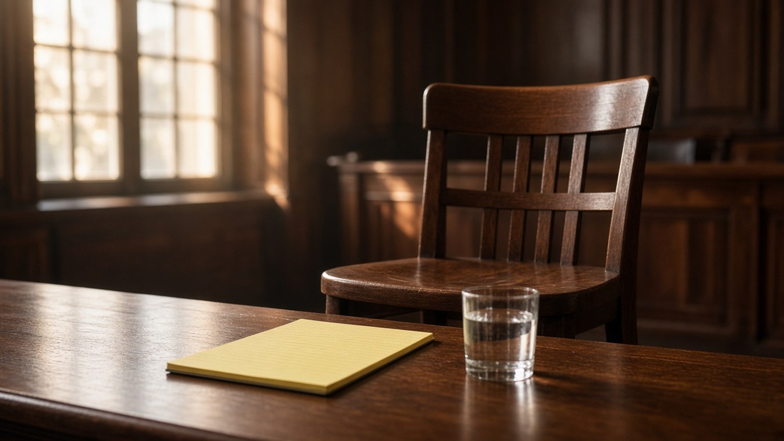 An empty wooden chair stands behind a polished table holding a yellow legal pad and a glass of water, with warm light from tall paned windows on wood paneling.