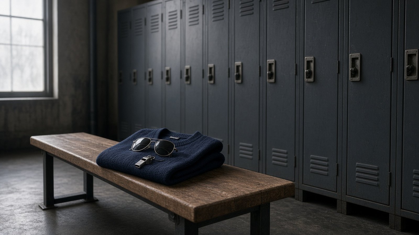 A folded navy knit sweater lies on a worn wooden bench in a dim locker room, aviator sunglasses and a whistle on top, gray daylight from a side window.