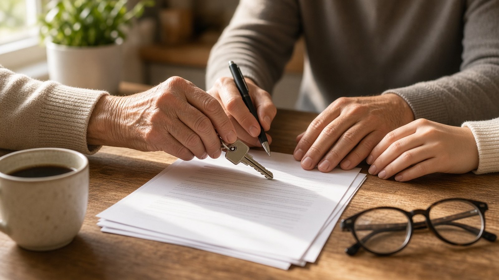 Several hands meet over a stack of printed pages on a sunlit wooden table, one holding a house key and one a pen, beside a coffee mug and glasses.