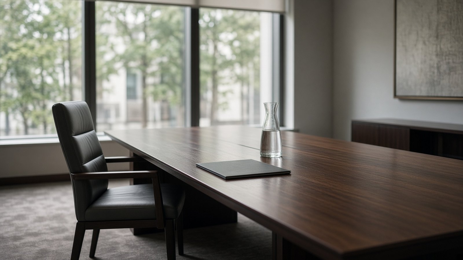 An empty grey leather chair sits at a long dark wood conference table with a glass carafe of water and a closed folder, in soft daylight from tall windows.