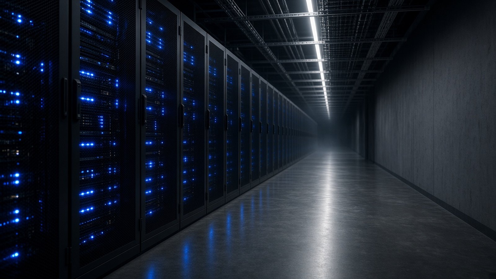 A long aisle runs beside a row of black server racks with blue status lights, under cable trays and one strip light, toward a dark, hazy far end.