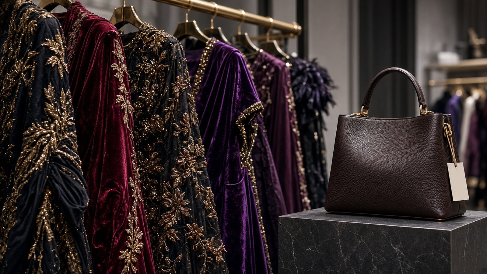 Velvet dresses in burgundy, purple and black with gold embroidery hang on a brass rail beside a brown leather handbag with a blank tag on a black marble plinth.