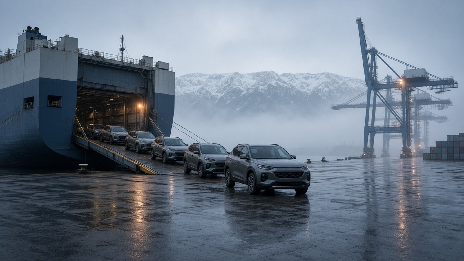 A line of grey compact SUVs rolls down the ramp of a car carrier ship onto a wet dock, with port cranes in fog and snowy mountains behind.
