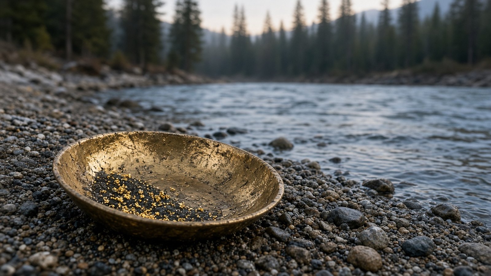 A hammered brass-colored pan holding black sand and gold flakes rests on river gravel, with flowing water and dark pines blurred behind in soft light.