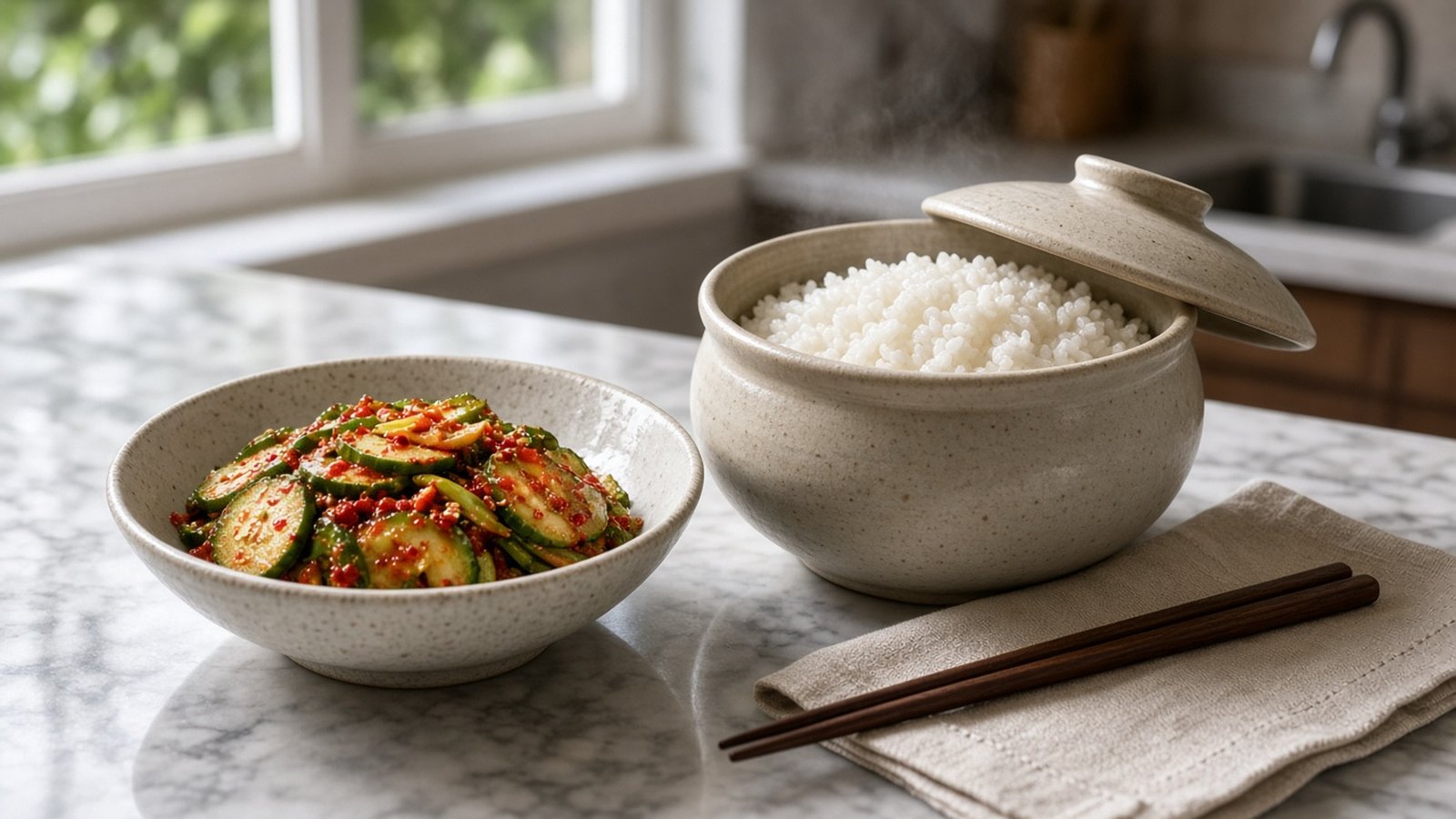 A bowl of sliced cucumber salad with red chili flakes sits beside a ceramic pot of steaming rice and wooden chopsticks on a marble kitchen counter in window light.
