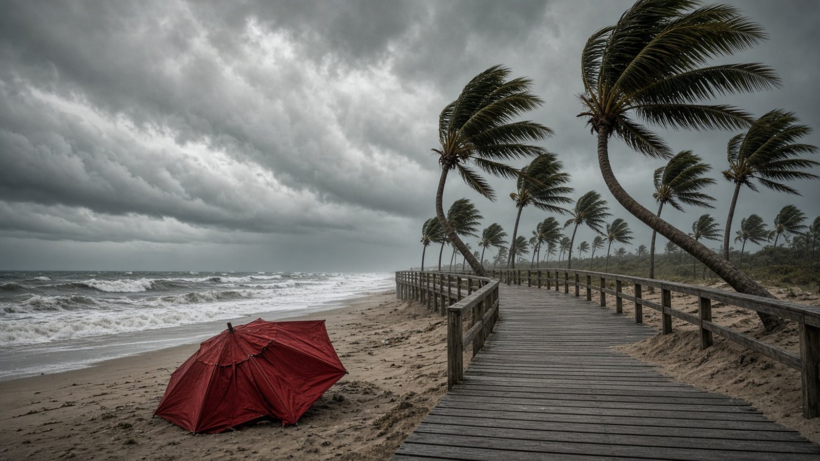 Palm trees bend hard in the wind beside a wooden boardwalk, a red beach umbrella lies collapsed on the sand, and grey surf rolls in under dark storm clouds.