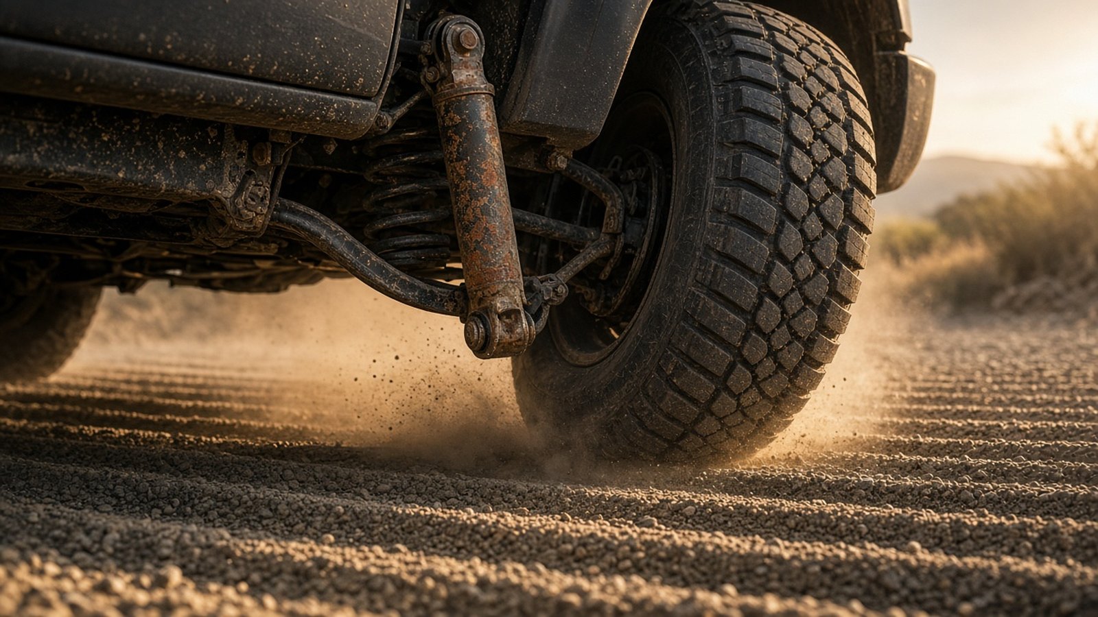A truck's knobby tire and a rusty shock absorber seen from ground level on a washboard gravel road, with dust hanging in low golden sun.