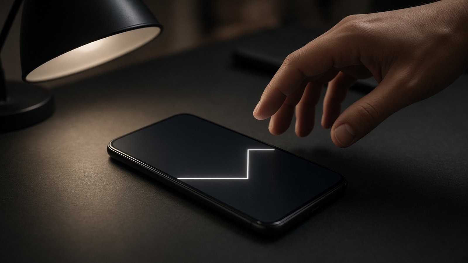 A hand hovers over a smartphone lying on a dark desk beside a black lamp, the dark screen showing one white line that runs flat and then steps up.