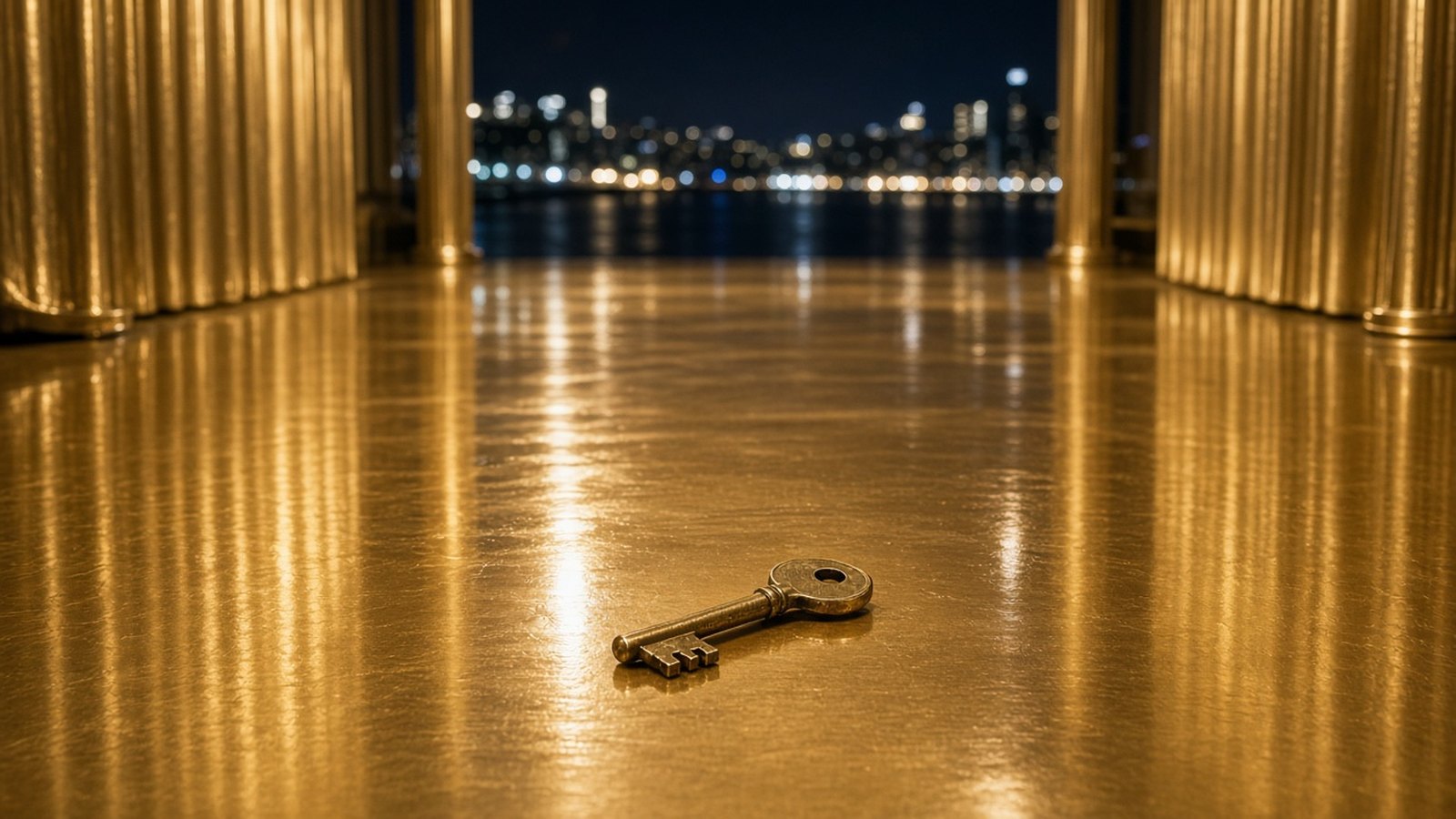 An old brass key lies on a glossy gold floor between gold fluted panels and columns, with blurred city lights across dark water at night beyond.