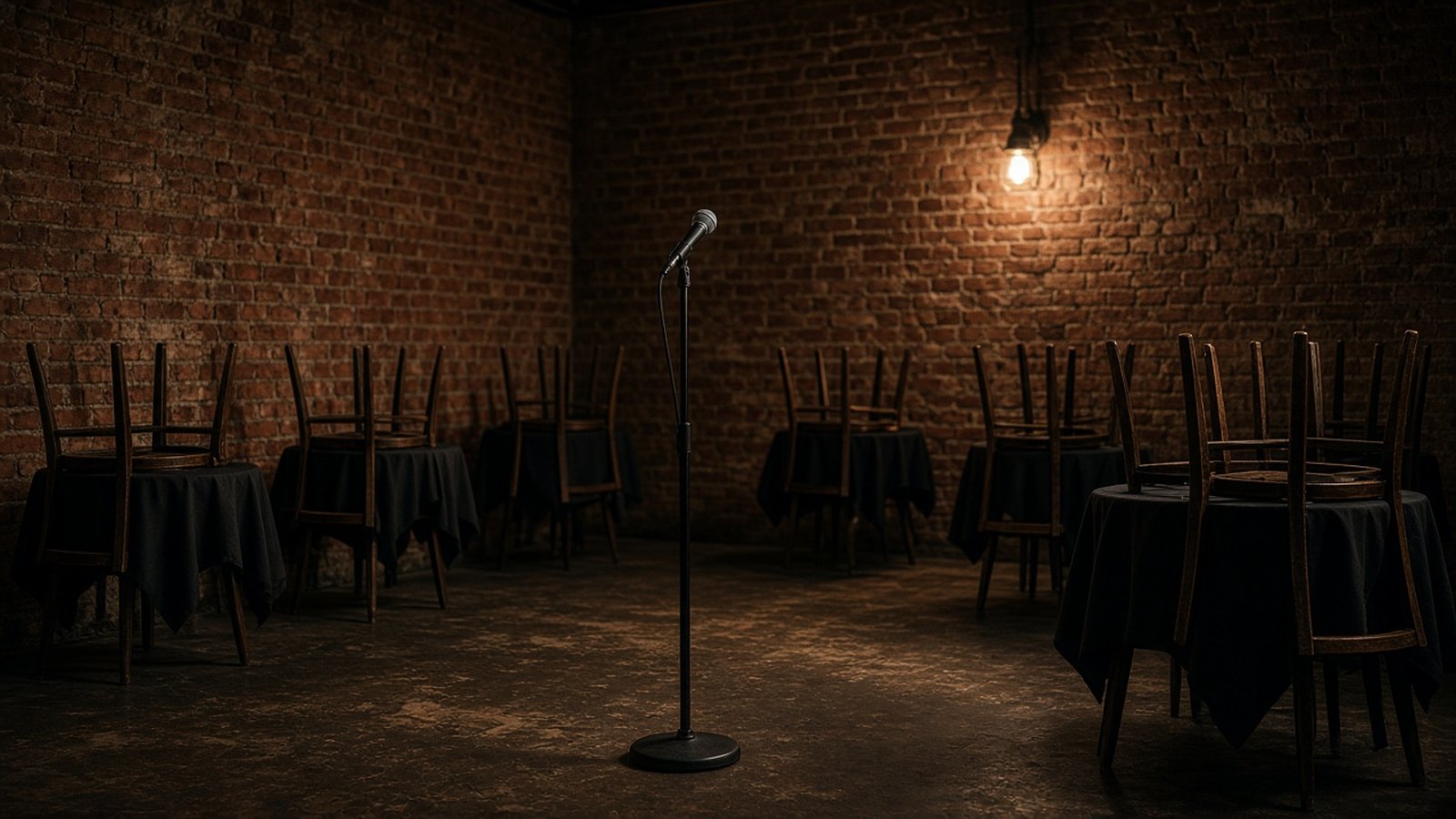 A single microphone stands in an empty brick-walled room, with wooden chairs turned upside down on cloth-covered tables and one bare bulb glowing above.