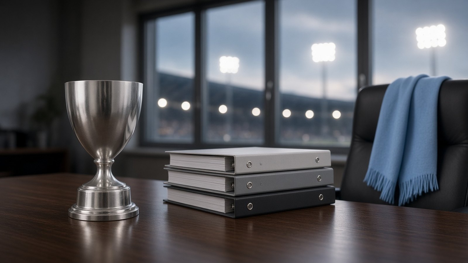 A silver trophy cup stands on a dark wooden table beside three stacked ring binders, a sky-blue scarf over a chair, stadium floodlights blurred through the windows at dusk.