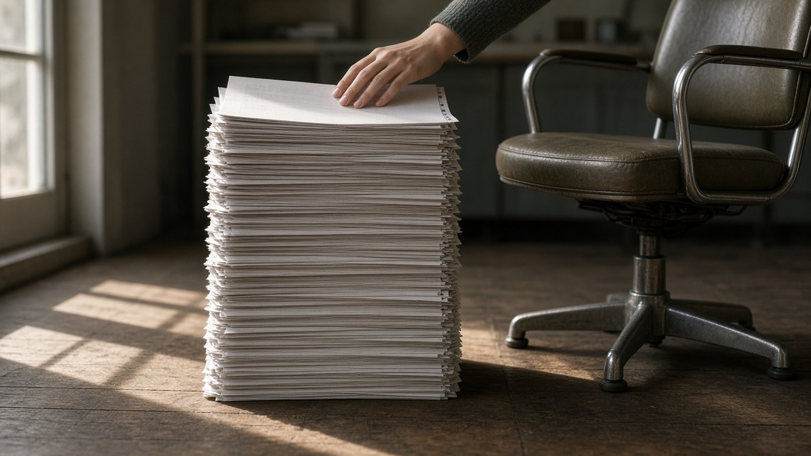 A hand in a gray knit sleeve rests on a tall stack of printout paper standing on a wooden floor beside an old leather swivel chair in window light.