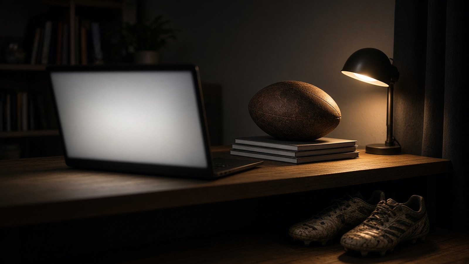 On a desk in a dark room, a worn leather football rests on notebooks between a glowing blank laptop screen and a lit lamp, muddy cleats on the floor.