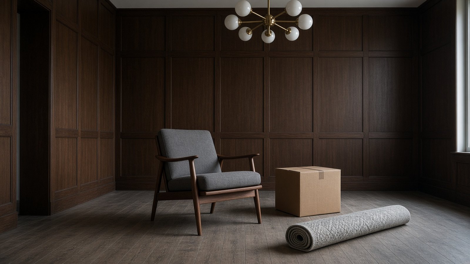 A walnut-framed lounge chair with gray cushions stands in an empty wood-paneled room beside a cardboard box and a rolled rug, under a brass globe chandelier in flat daylight.