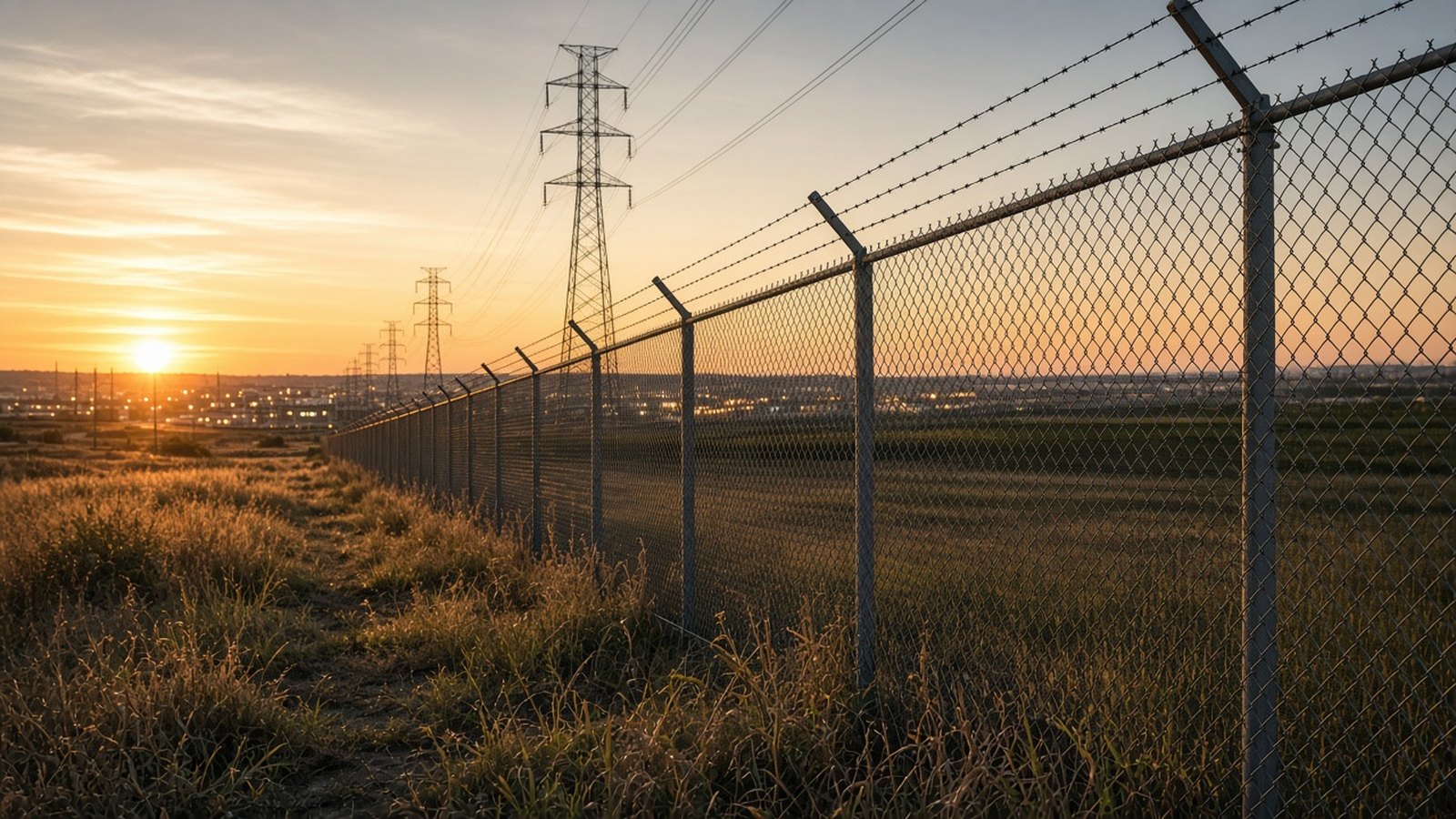 A chain-link fence topped with barbed wire runs across dry grass toward a low sun, with steel transmission towers and distant town lights along the horizon.