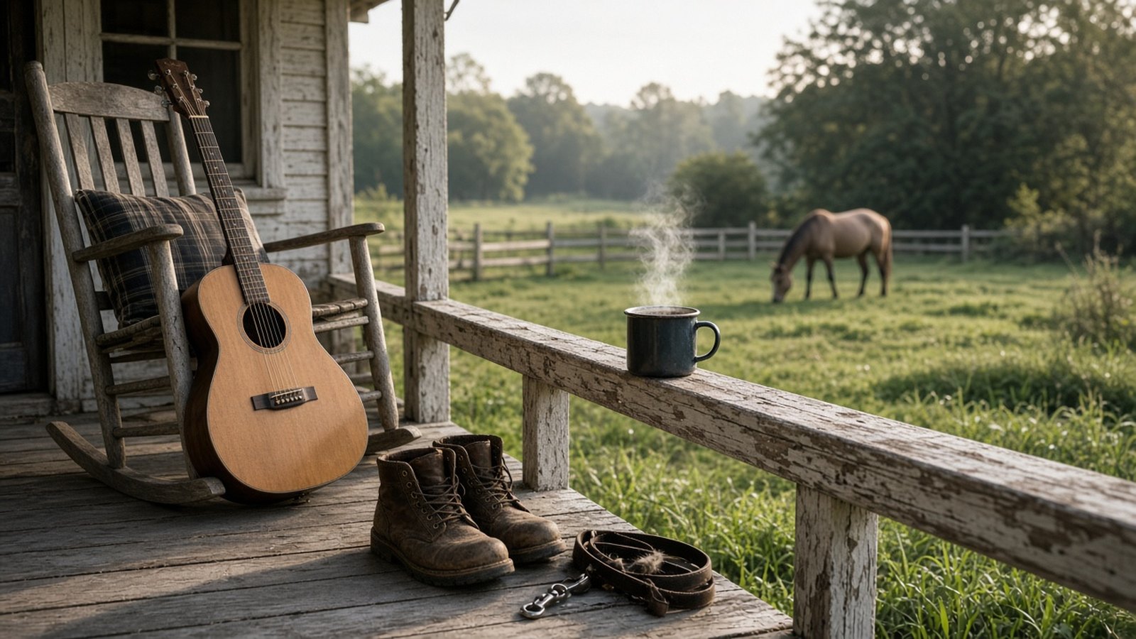 In early light an acoustic guitar leans in a rocking chair on a farmhouse porch, a steaming mug on the rail, boots and a leash nearby, a horse grazing beyond.