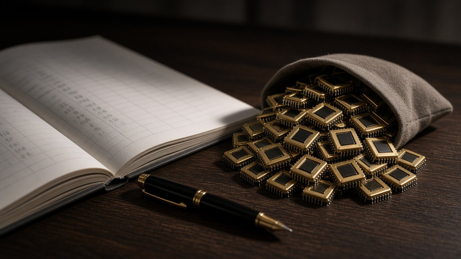 A heap of gold-toned computer chips spills from a grey suede pouch onto a dark desk beside an open ruled ledger and a black pen, in low side light.