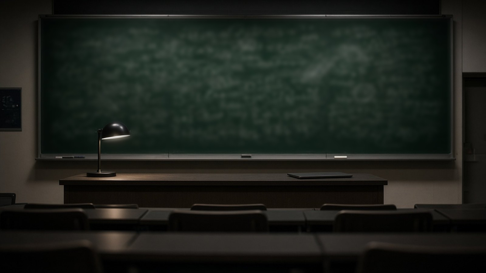 A wide green chalkboard with faint, out-of-focus chalk marks fills the front of a dark, empty lecture hall, a lit desk lamp and a closed laptop on the front bench.