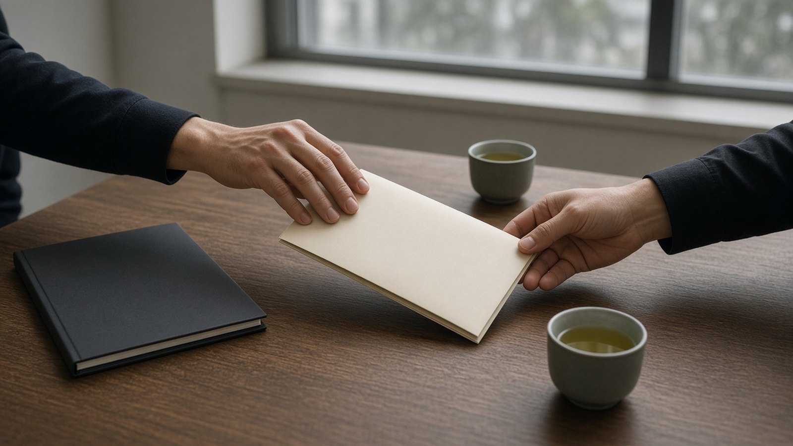 Two hands in dark sleeves pass a cream envelope across a dark wood table, beside a closed black notebook and two cups of green tea in grey window light.