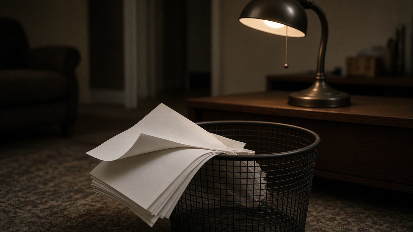 A stack of blank white pages hangs over the rim of a black wire wastebasket beside a low wooden desk and a lit brass lamp in a dim room.