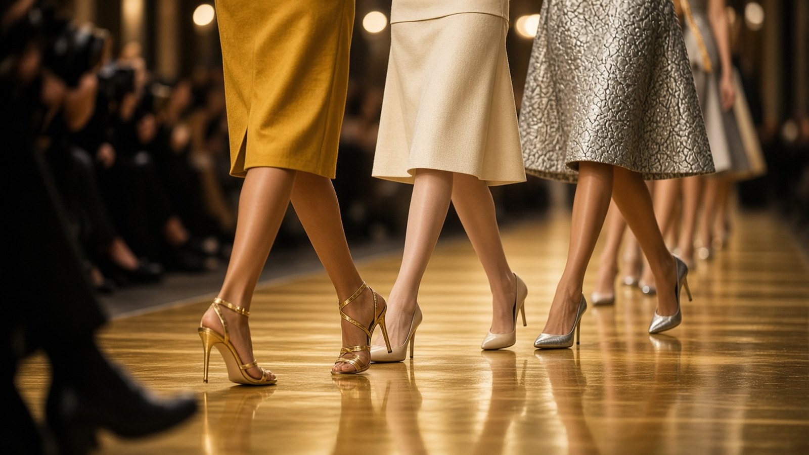 Models in mustard, cream and silver knee-length skirts walk in high heels down a glossy gold runway, seen from the waist down, with a blurred audience at left.
