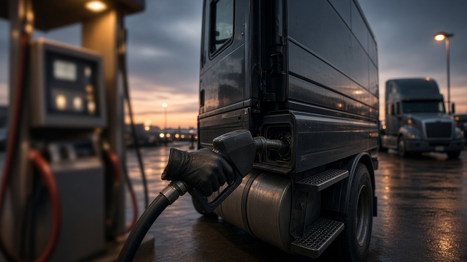 A gloved hand holds a fuel nozzle in the side of a dark truck at dusk, with a blurred pump, wet pavement and a second truck behind.