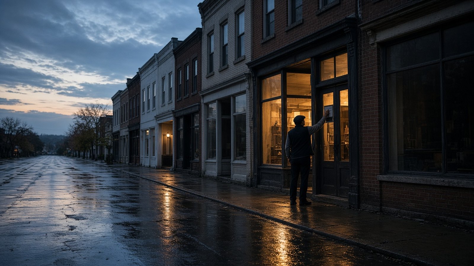 A man in a flat cap, seen from behind, reaches up to the door of the one lit shop in a row of brick storefronts at dusk after rain.
