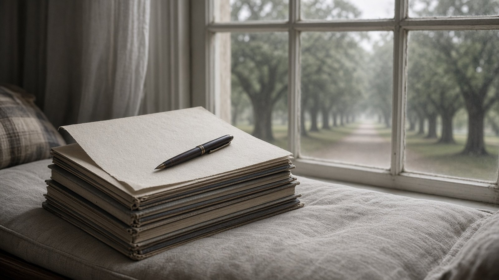 A dark pen rests on a blank sheet atop a stack of worn old albums on a cushioned window seat, with a tree-lined path outside in grey light.