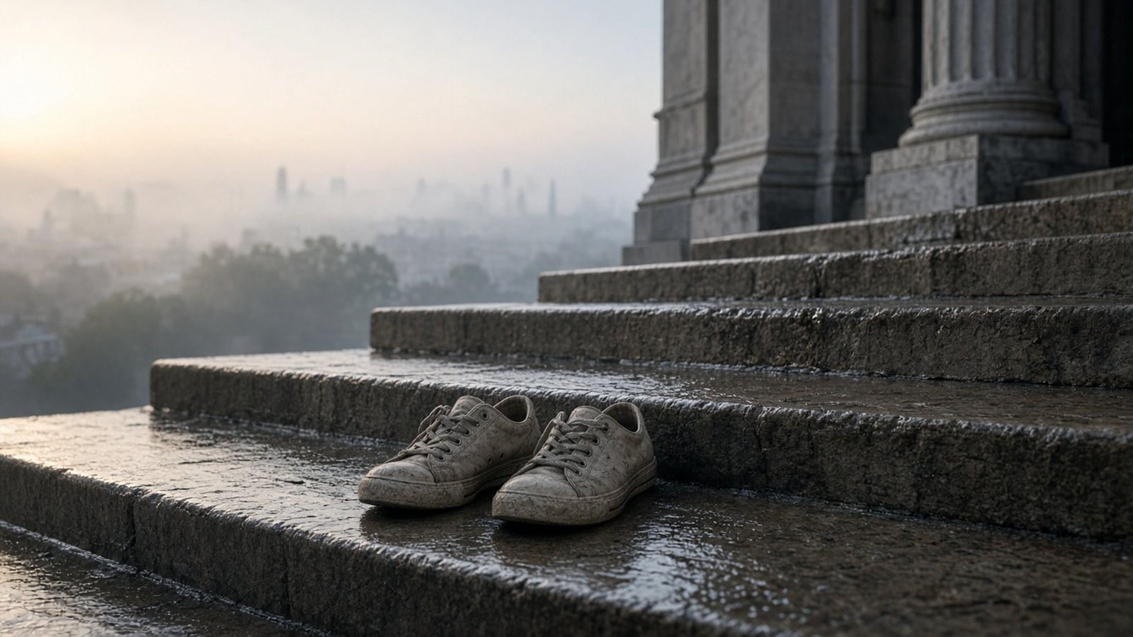 A pair of worn grey canvas sneakers sits on wet stone steps beside tall stone columns, with a hazy city skyline behind in pale early light.