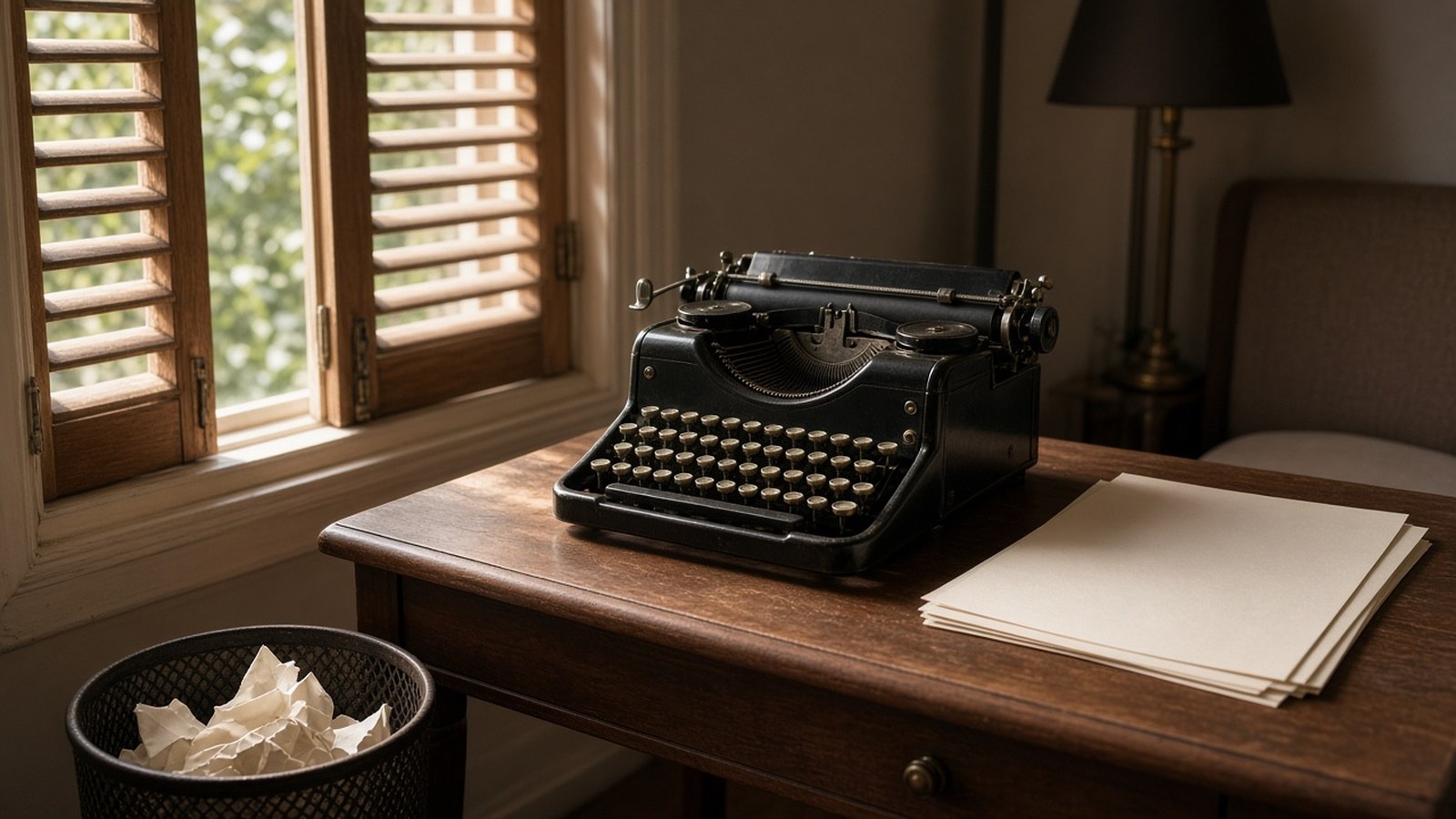 An old black typewriter sits on a wooden desk beside a shuttered window in warm sunlight, with a stack of blank pages and crumpled paper in a wastebasket.