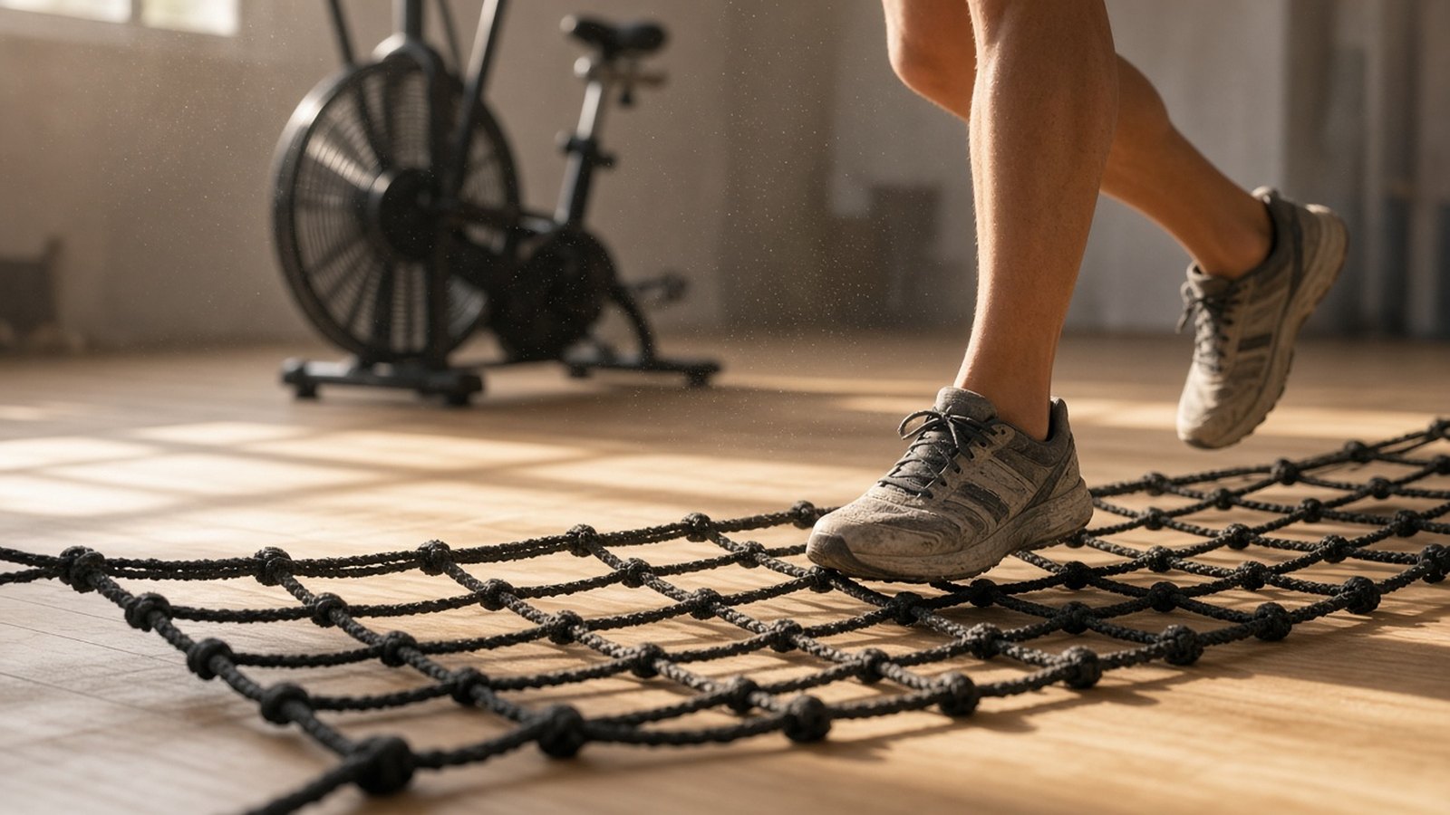 A runner's bare legs and worn gray sneakers step across a black rope net lying on a sunlit wooden gym floor, with an air bike blurred behind.